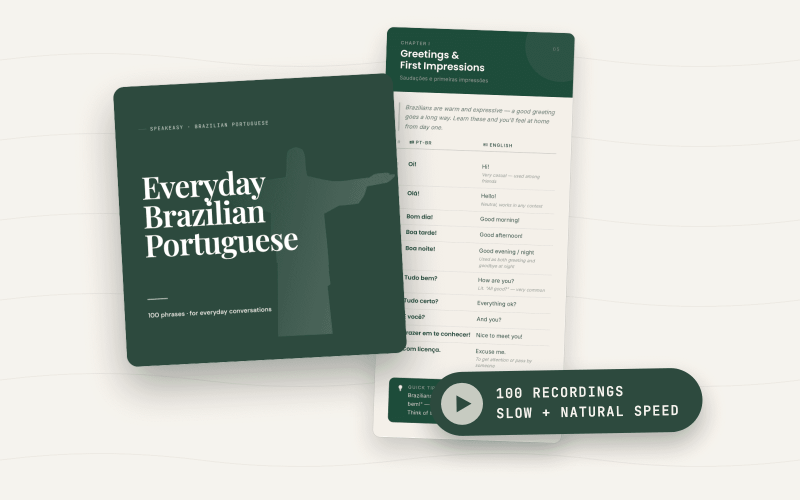 What ships in the kit: the phrasebook, a real interior page, and 100 recordings at slow and natural speed
